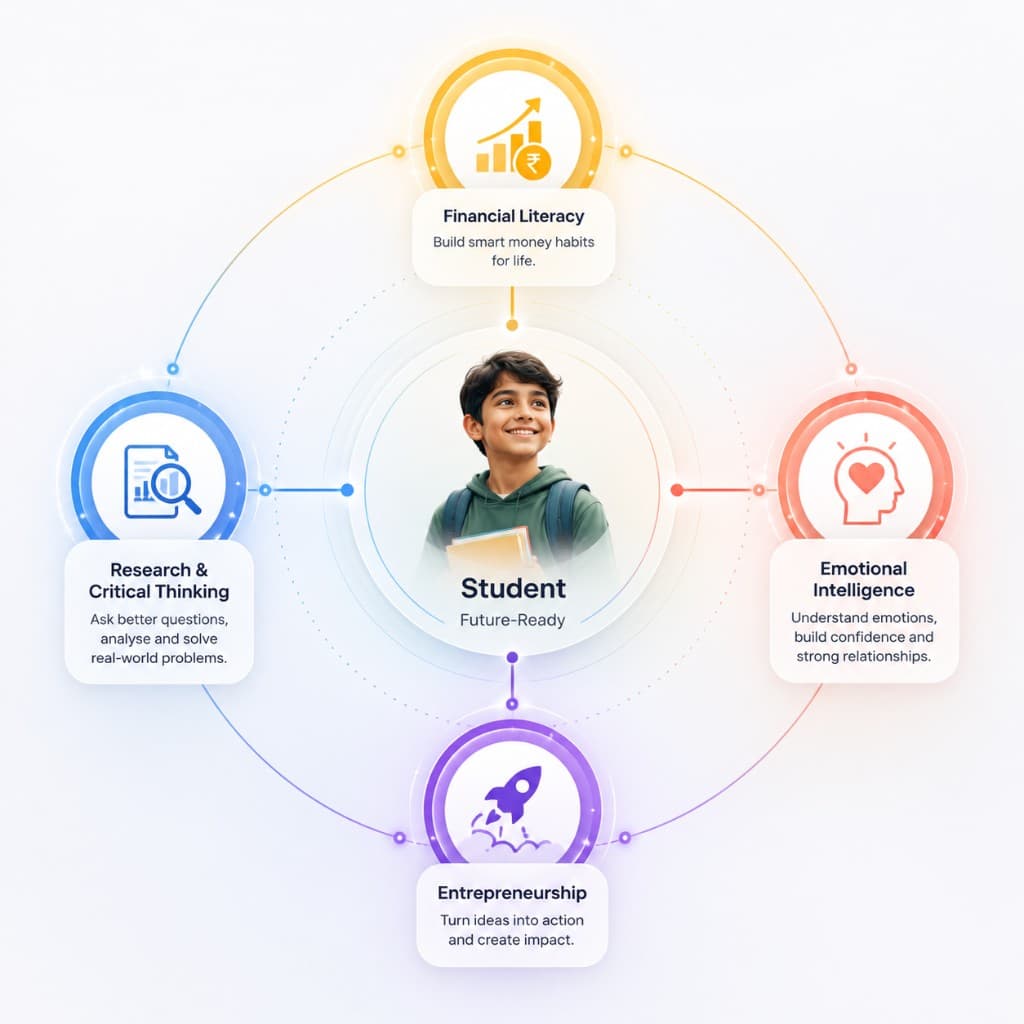 A future-ready student at the centre of four SkillerLabs skills: Financial Literacy, Emotional Intelligence, Research & Critical Thinking, and Entrepreneurship.